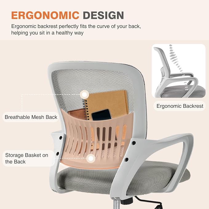 Sweetcrispy Computer Desk Chair, Mesh Office Chair, Lumbar Support, Grey | Ergonomic Mid-Back, Adjustable Height, 360° Swivel Wheels, Comfy Arms, Bedroom Study, Managerial Executive