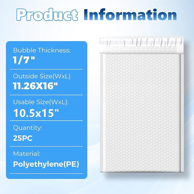 Metronic Bubble Mailers True 10.5x15" Usable Size Padded Envelopes 25 Pack | 50% Thicker 1/7" Bubble 10.5x16" Self Seal Water-resistant bubble envelopes for Books,Clothes,T-shirt Small Business,#5,White