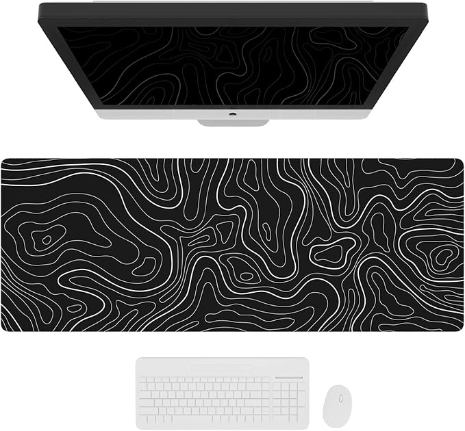 Ovenbird Large Gaming Mouse Pad with Stitched Edges, Minimalist Topographic Map Mouse Pad, Extended XL Mousepad with Anti-Slip Base, Cool Mouse Pad for Keyboard and Mouse, 35.4 x 15.7 in, Black