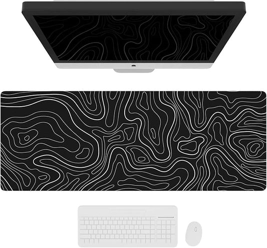 Ovenbird Large Gaming Mouse Pad with Stitched Edges, Minimalist Topographic Map Mouse Pad, Extended XL Mousepad with Anti-Slip Base, Cool Mouse Pad for Keyboard and Mouse, 35.4 x 15.7 in, Black