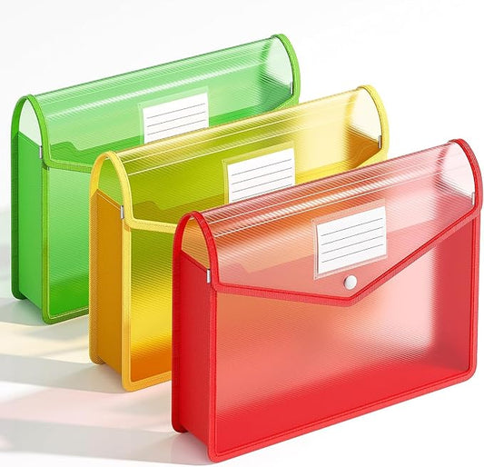 Plastic Expanding File Folder, Transparent Envelopes with Snap Closure | Large Capacity, No Dividers, Fit Letter/A4 Size for School/ Office / Home / Hospital, 3 Colors