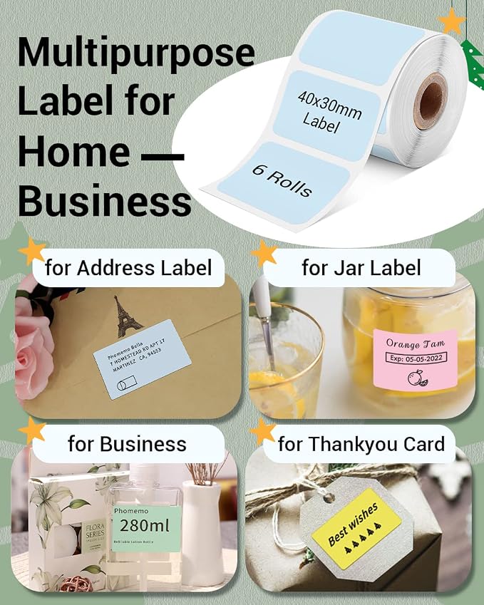 Phomemo Color Labels 6 Rolls,1.57"x1.18", Use for M110/M100/M220, 1380 PCS | 40×30mm Square Thermal Stickers Labels for Kids & School, Barcode, Logo, Business, Home,Organization, Peptide Vial,6 Color