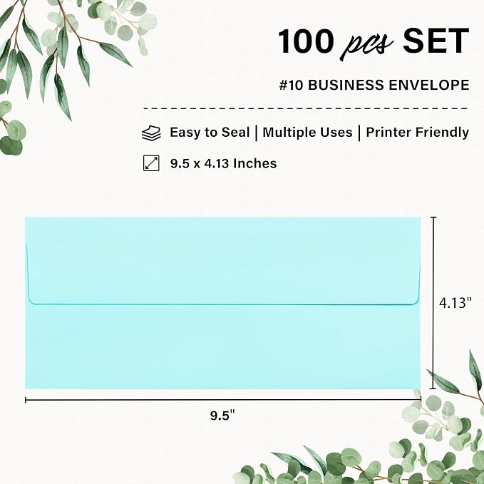 100 Pack #10 Light Blue Envelopes Letter Size Self Seal Business Envelopes | Security Mailing Envelopes, 4 1/8 x 9 1/2 Inches