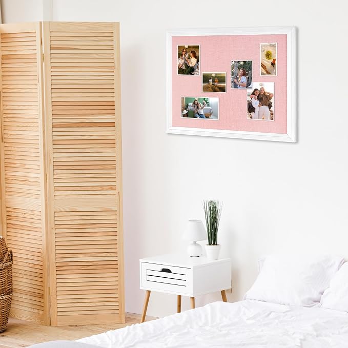 DOLLAR BOSS Bulletin Boards with Linen, 36"x24" Pink Cork Board, White | Corkboards for Walls, Framed Pin Board, Picture Display Vision Board, For Office Home School Girls Dorm Decor, 10 Pushpins