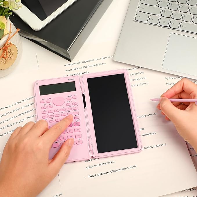 Scientific Calculator with LCD Writing Tablet Notepad, 240 Functions Foldable Math Calculator, Dual-Line 10+2 Digit Large Display, Portable for High School College Office(Pink)