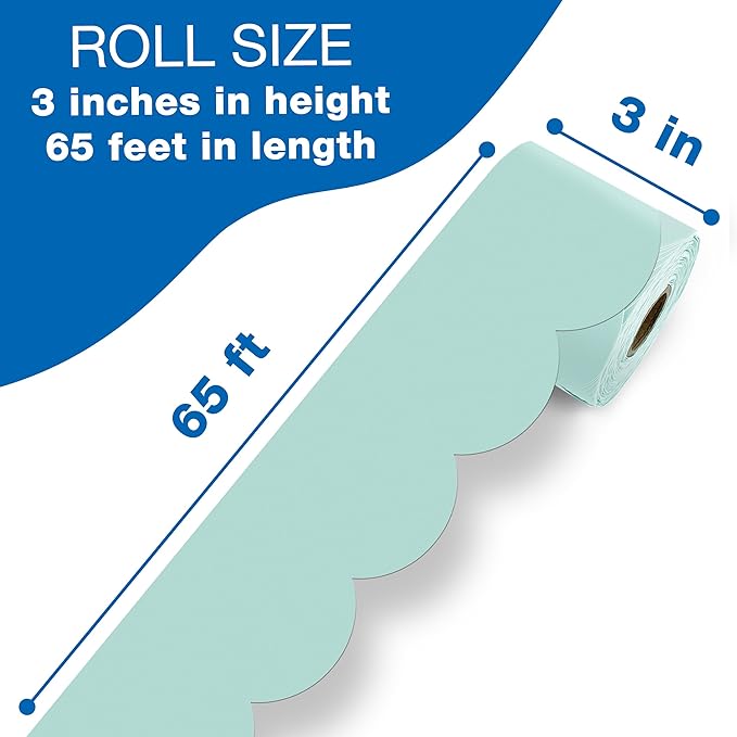 Carson Dellosa 65Ft of Sea Glass Green Bulletin Board Borders, 1 Roll of Pastel Scalloped Trim for Rolling Whiteboard, Cork and Posterboard, Party, Easter, Spring Decorations, and Classroom Decor