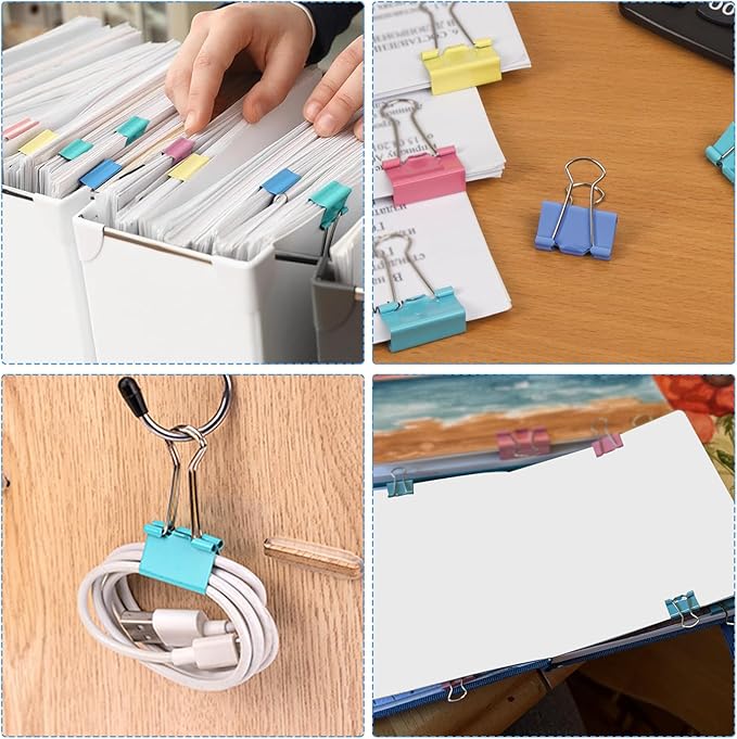 40-Pack Colorful Binder Clips, Assorted Sizes (4 Sizes) Metal Paper Clips, Strong-Binder Clamps for Home Office School, Organizing Documents, Crafts, Cable Management and Chip-Bag Sealer