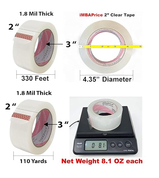iMBAPrice Sealing Tape - 1 Box of Premium (36 Roll of 110 Yards) 36x330 Feet Long 2" Wide Ultra Clear Shipping Packaging Tape | 3,960 Total Yards, Heavy Duty Shipping, Strong Adhesive Carton Sealing, For Moving, Mailing & Storage