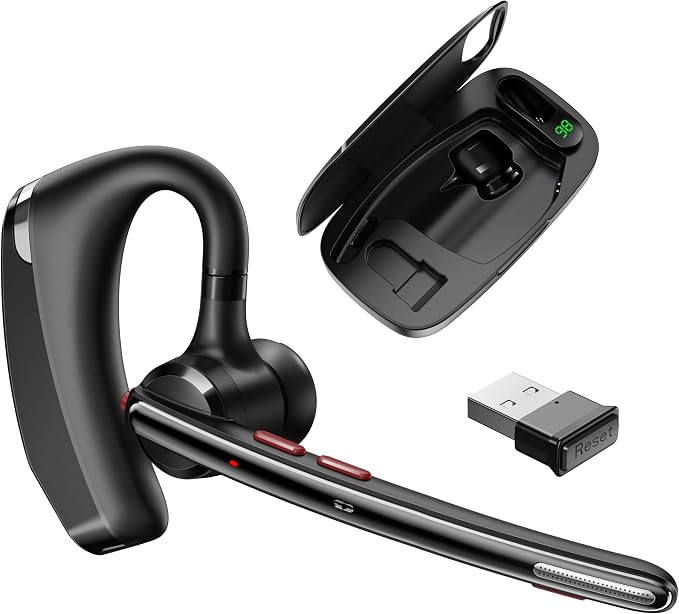 Bluetooth Headset V5.3, Wireless Headset with Dual Noise-Canceling Mics, Portable Charging Case, 300H Standby Time, Hands Free Headphones for PC/Cell Phones, Trucker/Office/Work (Light Gray)