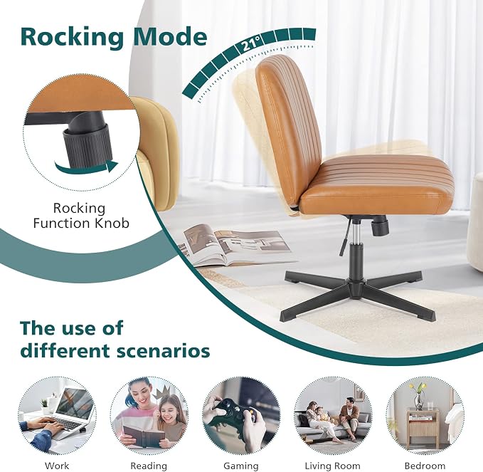 OLIXIS Criss Cross Office Chair, Vanity Chair, Home Office Desk | Wide Seat, Height Adjustable, PU Leather Padded, Armless No Wheels, Bedroom, Study Room, Brown Dual Base