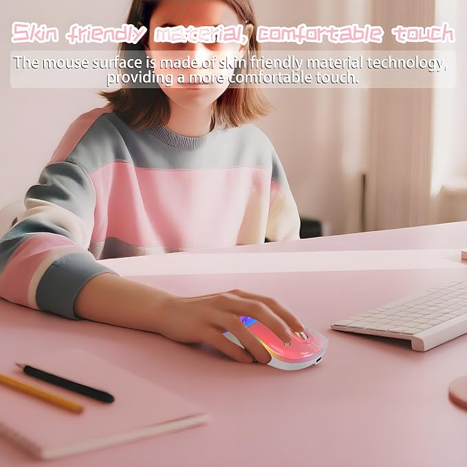 elec Space Cute Wireless Bluetooth Mouse - Rechargeable Silent Mouse with Magnetic Sand Cover, 3 Mode Connectivity, RGB Lighting, Ergonomic Design for Home, Office & School Use (Pink)