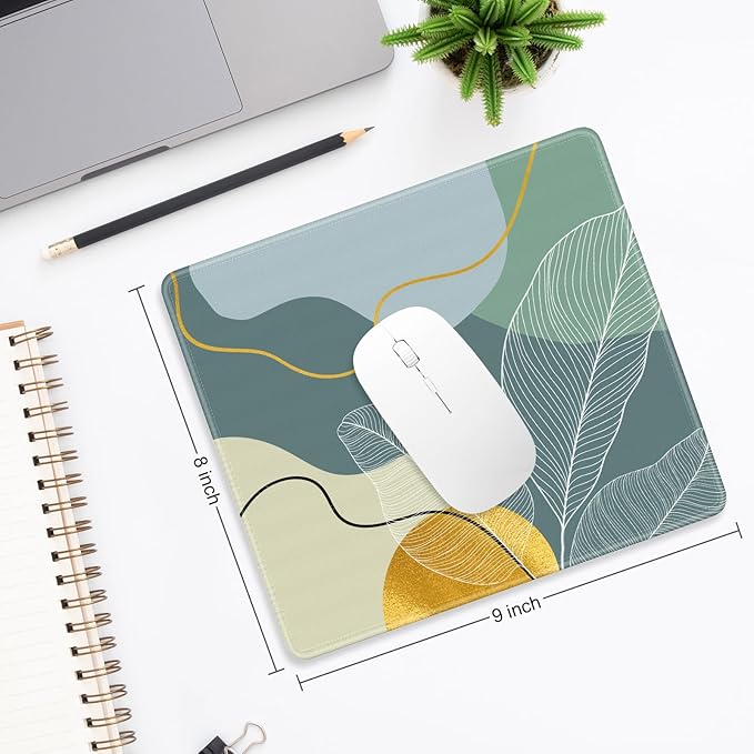 Mouse Pad, Minimalism Marble Style Computer Pad, Anti-Slip Rubber Mouse Mat with Stitched Edges for Gaming, Office, Laptop, PC, Women, 9" x 8" Thick 3 mm, Boho Leaves-02