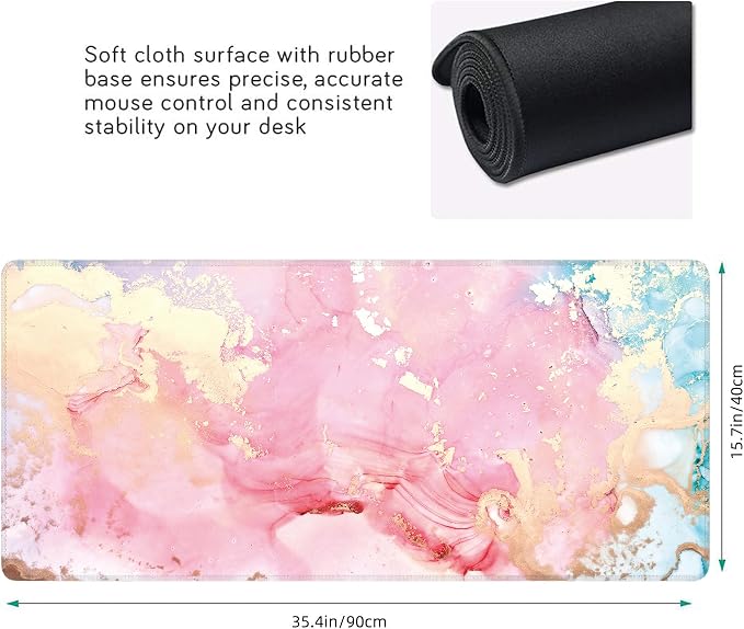 Cute Pink Marble Large Mouse Pad,Gaming Keyboard Desk Pad,Extended Mouse Mat Non-Slip Rubber Base with Stitched Edges for Office Game Home XXL 35.4"x15.7"