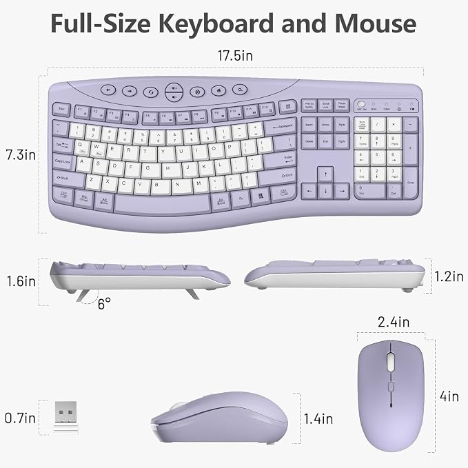 Wireless Keyboard and Mouse Combo, 2.4G Quiet Ergonomic Curved Keys (Purple-B)