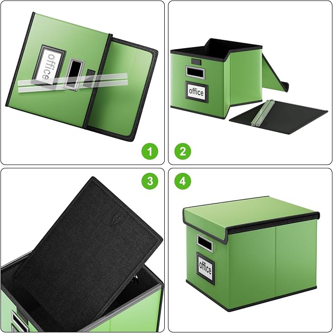 File Organizer Box with Lids, Collapsible File Folder Organizer | File Box with Plastic Slides for Document, Filing Bin for Letter Size Hanging File Folders (1 Pack, Green, Leather)