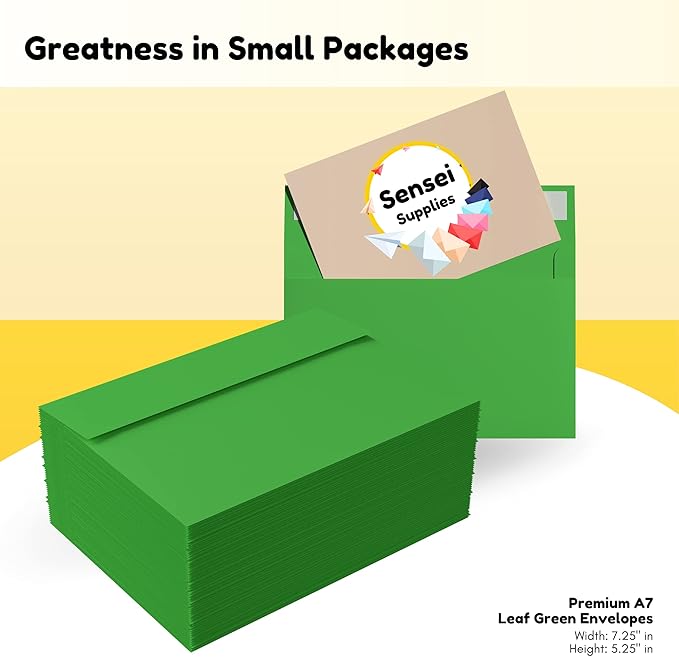110 5x7 Leaf Green Invitation Envelopes - for 5x7 Cards - A7 - (5 ¼ x 7 ¼ inches) - Perfect for Weddings, Graduation, Baby Shower - 120 GSM - Peel, Press & Self Seal - Square Flap