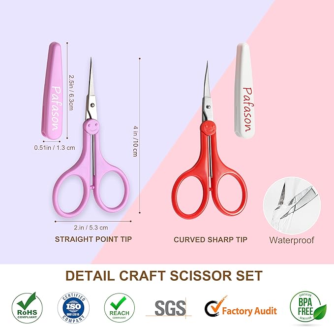 PAFASON Sharp Point Craft Scissor Set 2 PC Straight Curved for Scrapbooking Quilting DIY Sewing Knitting Embroidery Cross Stitch Crochet Thread Yarn Paper Detail Cutting Stainless Steel Safety Case