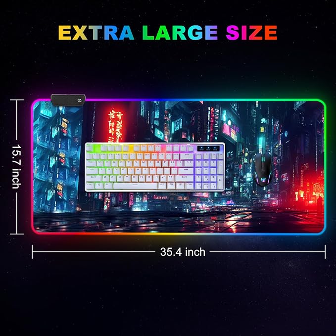 RGB Gaming Mouse Pad Large, Extended Soft Led Mouse Pad with 14 Lighting Modes 2 Brightness, Water Resist Keyboard Pad, Computer Mousepads Mat 35.4x15.7inch, Night City