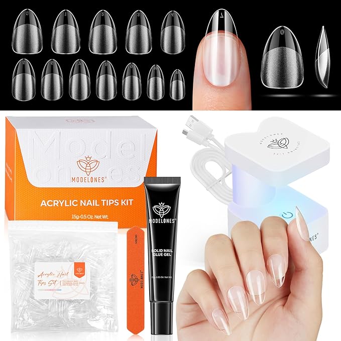 modelones X Nail Gel Kit Kit Short Almond, Solid Nail Glue Gel with Portable U V Lamp 216Pcs 12Sizes Pre-Etched Press ons Fake Acrylic Extension Kit DIY Salon Gift for Women