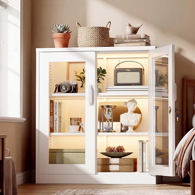 VINGLI Lockable Display Cabinet with Glass Door & 3 Shelves, 35.5" H Metal Storage Cabinet Curio Liquor, Bookshelf Bookcase for Home Office Living Room Pantry Garage (White)