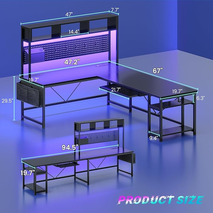 SEDETA 67" L Shaped Gaming Desk with Pegboard LED Lights and Power Outlet | Reversible Computer Desk with Keyboard Tray Hutch and Stoage Bag for Home Office, Black