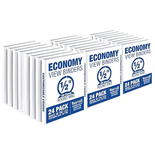 Samsill 0.5 Inch 3 Ring Binders, Economy Round Ring, Clear View Cover, 100 Sheet Capacity - for School, Home, Office - White, 24 Pack