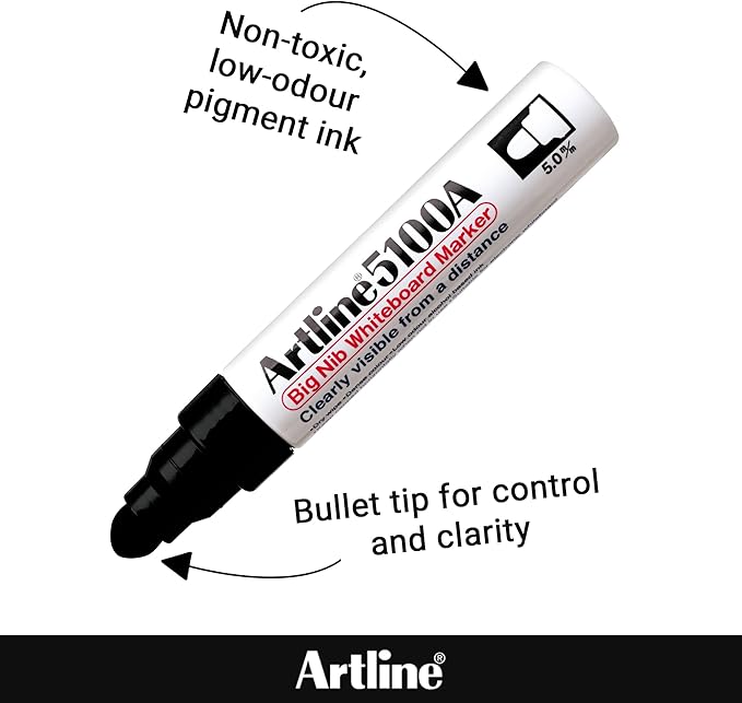 Artline 5100A Big Nib Magnum Whiteboard Dry Erase Markers, Extra Thick 5.0mm Bullet Tip, Readable from a Great Distance, Low Odor Colored Markers for School, Black, Red, Blue, Green, 4-Pack