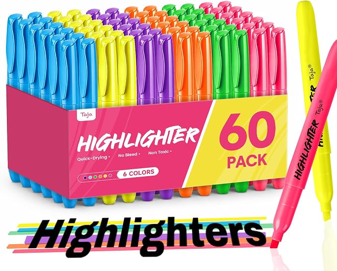 Taja 60 Pack Highlighters, Assorted 6 Colors, Chisel Tip with No Bleed Ink | Highlighters with Smooth Broad & Precise Lines, Ideal for Journaling & Note Taking, Study Essentials and Office Supplies