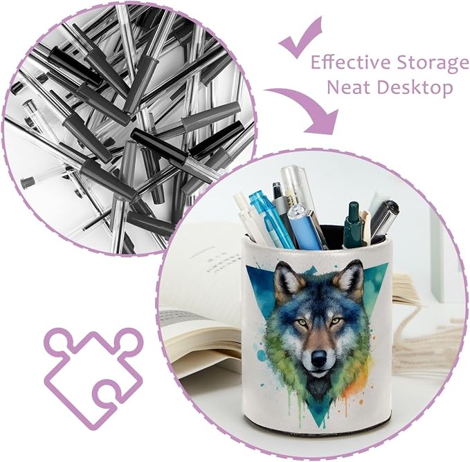 Leather Pen Holder for Desk, Watercolor Wolf Pencil Cup Pen Organizer Makeup Brush Holder for Office Home Kids Countertop Desk Accessory Storage