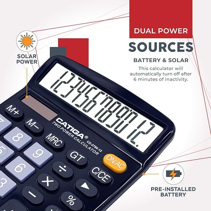 CATIGA Desktop Calculator, 12 Digit Large LCD Display, Dual Power, Sensitive Big Button, Standard Function Calculators for Office, School and Business, CD-2786 2 Pack, 2 Blacks