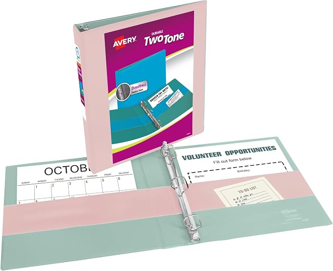 Avery® Two-Tone 3 Ring Binder, 1" Slant Rings, 1 Blush/Sage Binder | For School, Home and Office Organization, DuraHinge Tear-Resistant Spine, DuraEdge Split-Resistant Edges, Interior Pockets