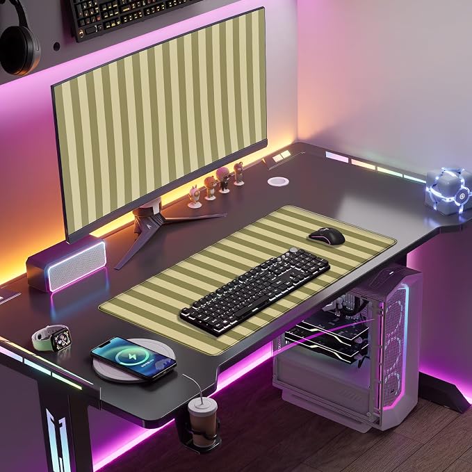 Olive Yellow Striped Desk Mat Cute Pastel XXL Large Gaming Mouse Pad Desk Pad Kawaii Cozy Aesthetic Keyboard Laptop Computer Mat 31.5 x 15.7 Inch