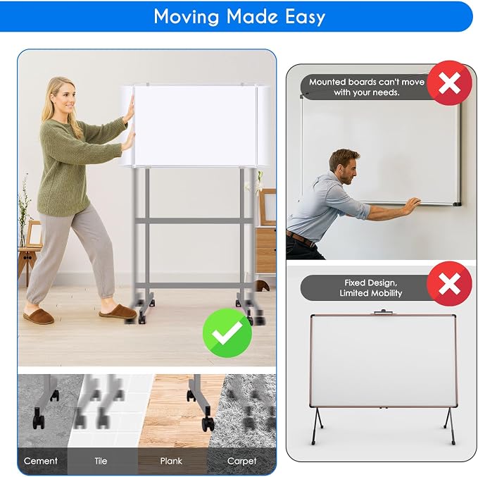 Maxtek Mobile Whiteboard Stand with Wheels, Stand Only, No Drill (Grey) | Height Adjustable Dry Erase Boards, No Drill Setup, Rolling Easel Frame for Home, Office, Homeschool,Classroom