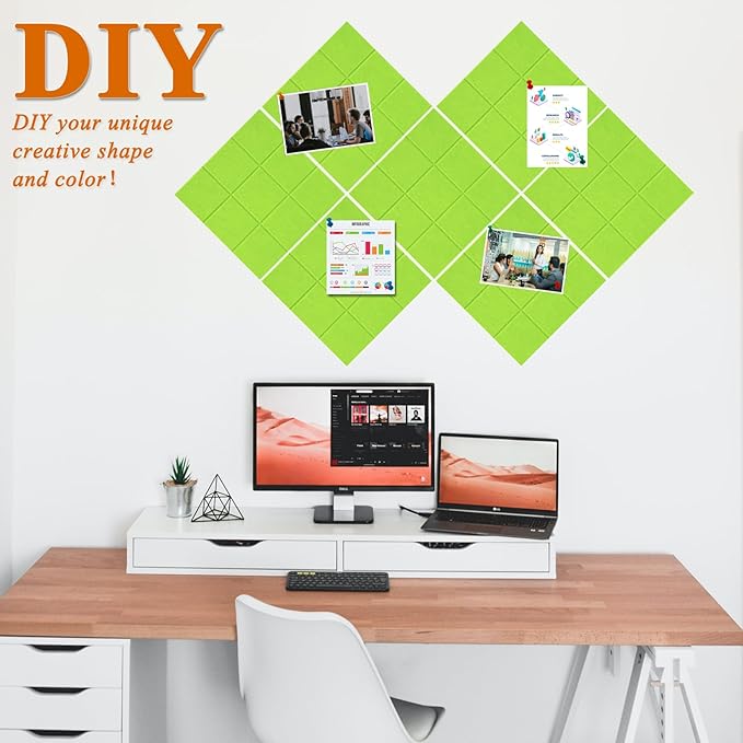 Large Square Felt Cork Board Tiles, Self Adhesive DIY Felt Bulletin Board with 35 Pushpins for Office School Home Wall Decor Stickers Memos (Bright Green)