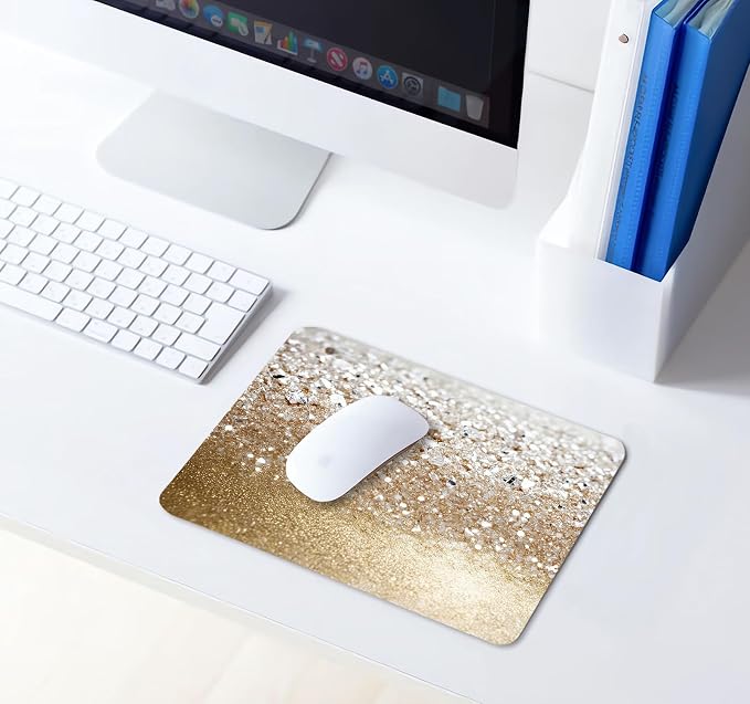 Square White and Gold Glitter Mouse Pad Small, Cute Mouse Pads for Laptop, Non-Slip Rubber Base Mousepad Washable Cloth, Computer Pad Decor Gifts, Coworker Gift for Girls