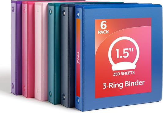 Cardinal 1.5 Inch 3 Ring Binders, 6 Pack, Assorted Colors, Holds 350 Sheets | Round rings, clear view covers for custom inserts, and 2 inside pockets. PVC free, non stick. Stock up pack.