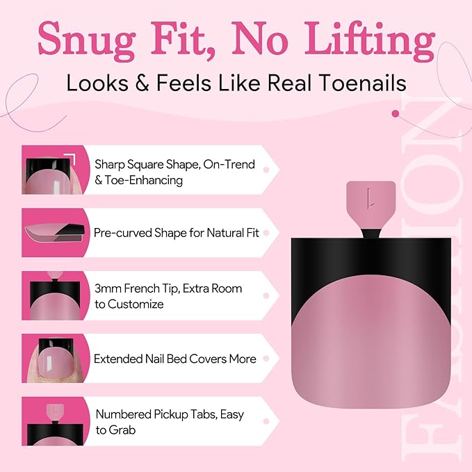 Toe Nails Press On French Tips for Women, 15 Sizes 150 Pcs Sharp Square Pre-applied Primer & Base Coat Toenail Press Ons Baby Pink Full Cover Fake Tips Extension, Builder Nail Gel & Top Coat Required