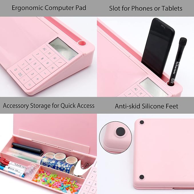 TOWON Glass Desk Whiteboard with Calculator 17x6 in, Desk Organizer, Pink | Desktop whiteboard with detachable calculator. Glass dry erase for home office. Storage and accessories included.