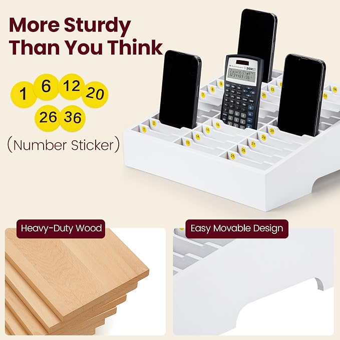Classroom Cell Phone Holder for Students Management, 36 Grid Caddy | Wooden Fully Assembled Storage Box, Calculator Phone Organizer for School Office, Back to School Teacher Management Tool