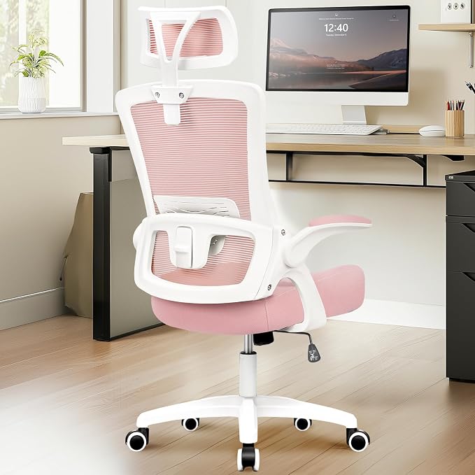 NEO CHAIR Office Desk Chair with Ergonomic High Back Mesh Headrest, Pink | Adjustable Headrest and Lumbar Support with Flip-Up Armrests Designed for Extended Sitting Comfort While Saving Space