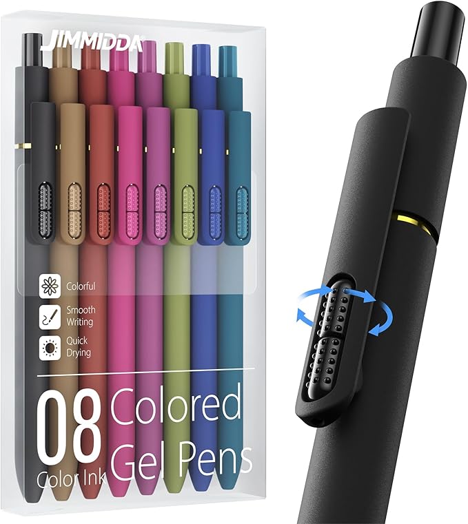 8 Pcs Colored Gel Pens with Fidget, Vintage Color Ink No Smudge | 0.7 Fine Point Smooth, Quick-Drying Ink, Retractable Pens for Coloring Journaling Note Taking, School Office, Student Adults
