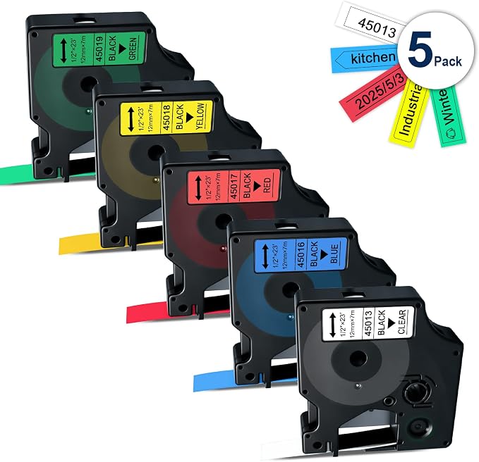 5-Pack Label Maker Refills 1/2" x 23' Compatible with DYMO D1 Label Tape | 45013 45016 45017 45018 45019 MultiColor Replacement for dymo LabelManager 160 280 210D 360D 420P Easy Peel No Residue