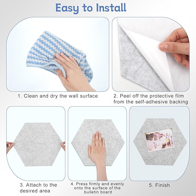 10 Pack Hexagon Cork Board, 12" x 10" Self-Adhesive Felt Bulletin Board Tiles with 40 Pushpins, Cute Pin Boards for Wall Decor Home Office School DIY Display Boards for Photos (Blue Theme)