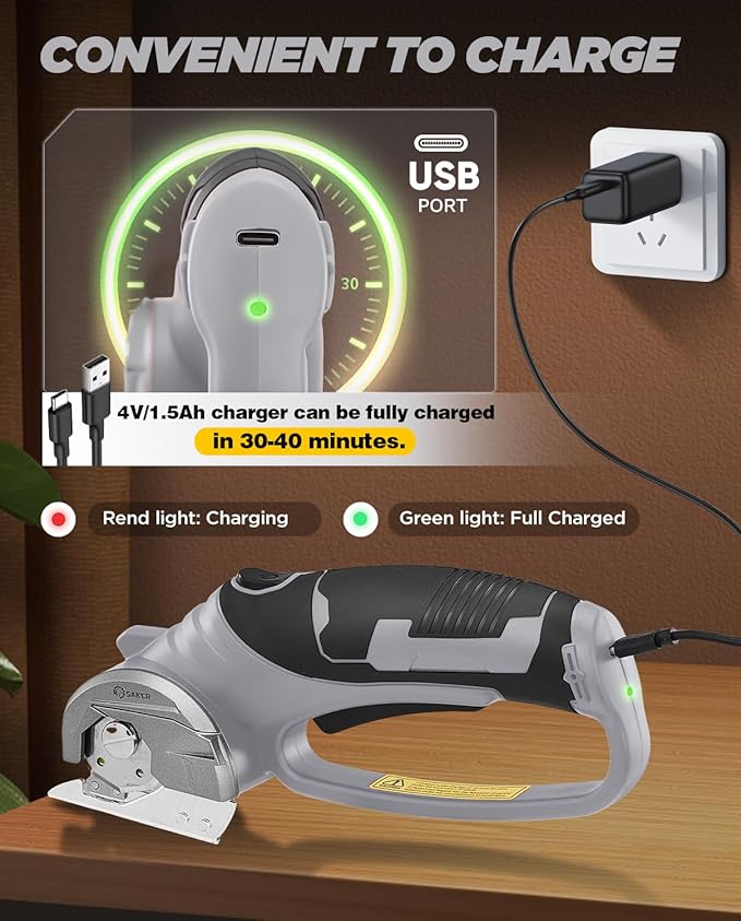 Saker Box Cutter Electric Cordless: Card board Cutter Scissors for Fabric Leather Paper Plastic - Cardboard Cutting Tool with 4V Recharged Battery - Safety Lock and LED Light for Cutting,Grey