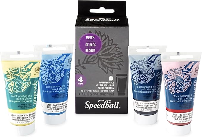 Speedball Water-Soluble Block Printing Ink Set – 4 Bold Colors With Satiny Finish - 1.25 FL OZ Tubes