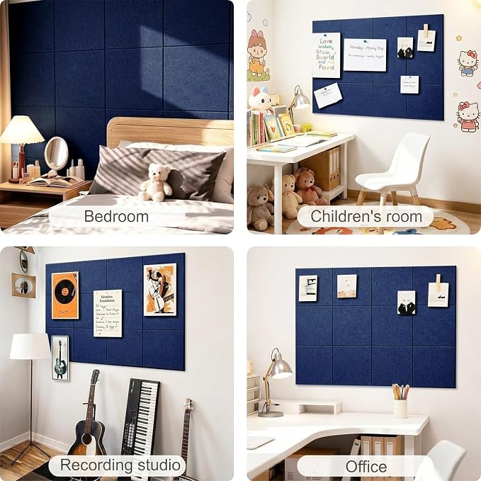 Felt Wall Tiles Bulletin Board Large Cork Board Alternative 12 Pack 11.81”x11.81”x0.47” Felt Pin Board Tack Board with Safe Removable Adhesive Tabs for Home Office School 48x36(Dark Blue)