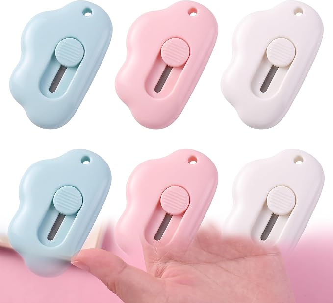 6 Pack Cloud Retractable Box Cutters Mini Package Openers | 6PCS cloud-shaped mini box cutters place compact package openers across home office desk craft travel or daily mail routines