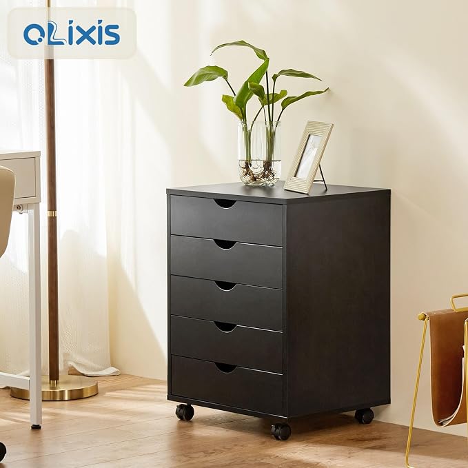 OLIXIS 5 Drawer File Cabinet with Wheels, Under Desk Storage Printer Stand | 15.75"D x 18.74"W x 25.39"H, Holds Printer, Office Supplies, Not For Hanging Files, For Home Office Study Use Balck