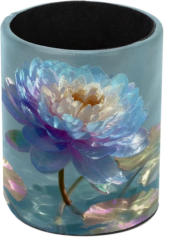 Leather Pen Holder for Desk, Water Lily Pencil Cup Pen Organizer Makeup Brush Holder for Office Home Kids Countertop Desk Accessory Storage
