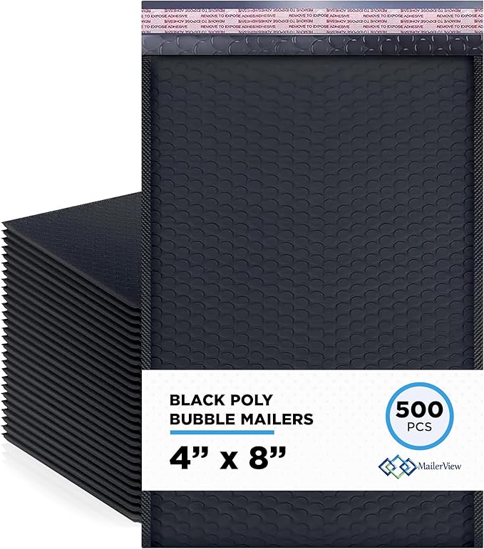 Black Small Bubble Mailers 4x8 Inch #000 | Thick Padded Poly Bubble Mailer Envelopes | 500 Pack Bulk | Trading Card Sports Card Shipping Made In USA
